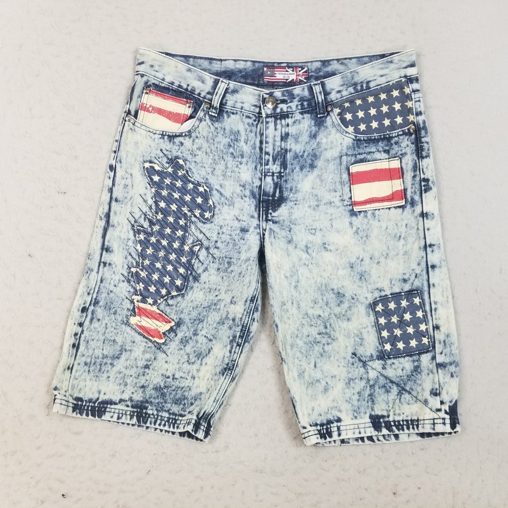 Vintage & Denim Shorts Mens 34 Blue Acid Wash GS-115 USA Flag Patch Distressed